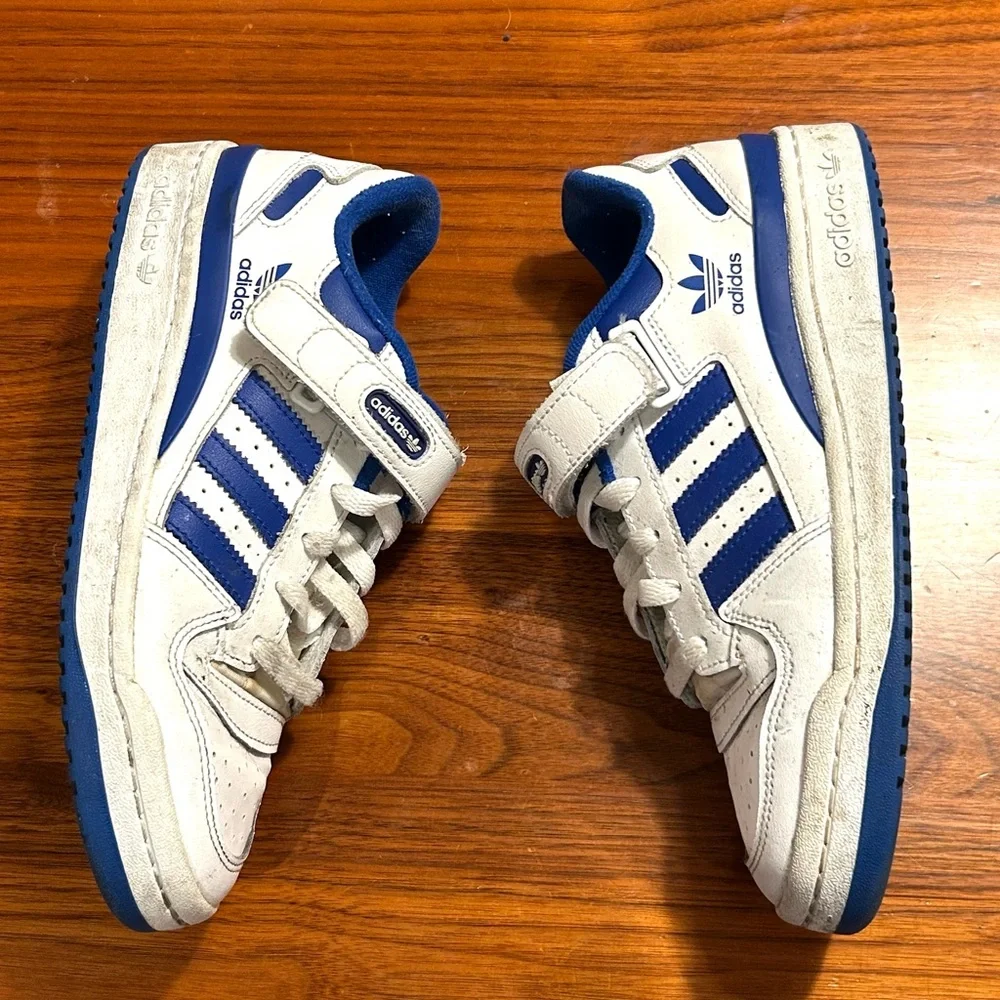 Adidas Forum Low Top White and Royal Blue Sneakers